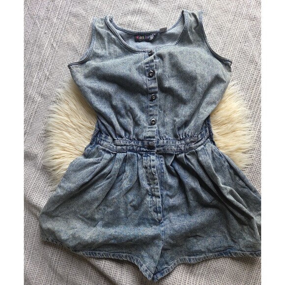 Vintage 80s Pinot Noir Denim Acid Wash Romper Shorts Jumper Medium w/Pockets - Picture 2 of 8